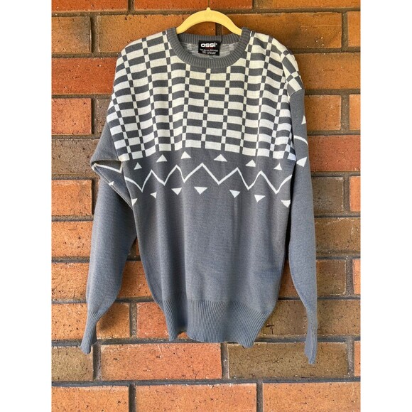 Ossi Skiwear Sweater Pullover Gray Vintage‎ 1980s Large Geometric Wool Acrylic - Picture 1 of 14